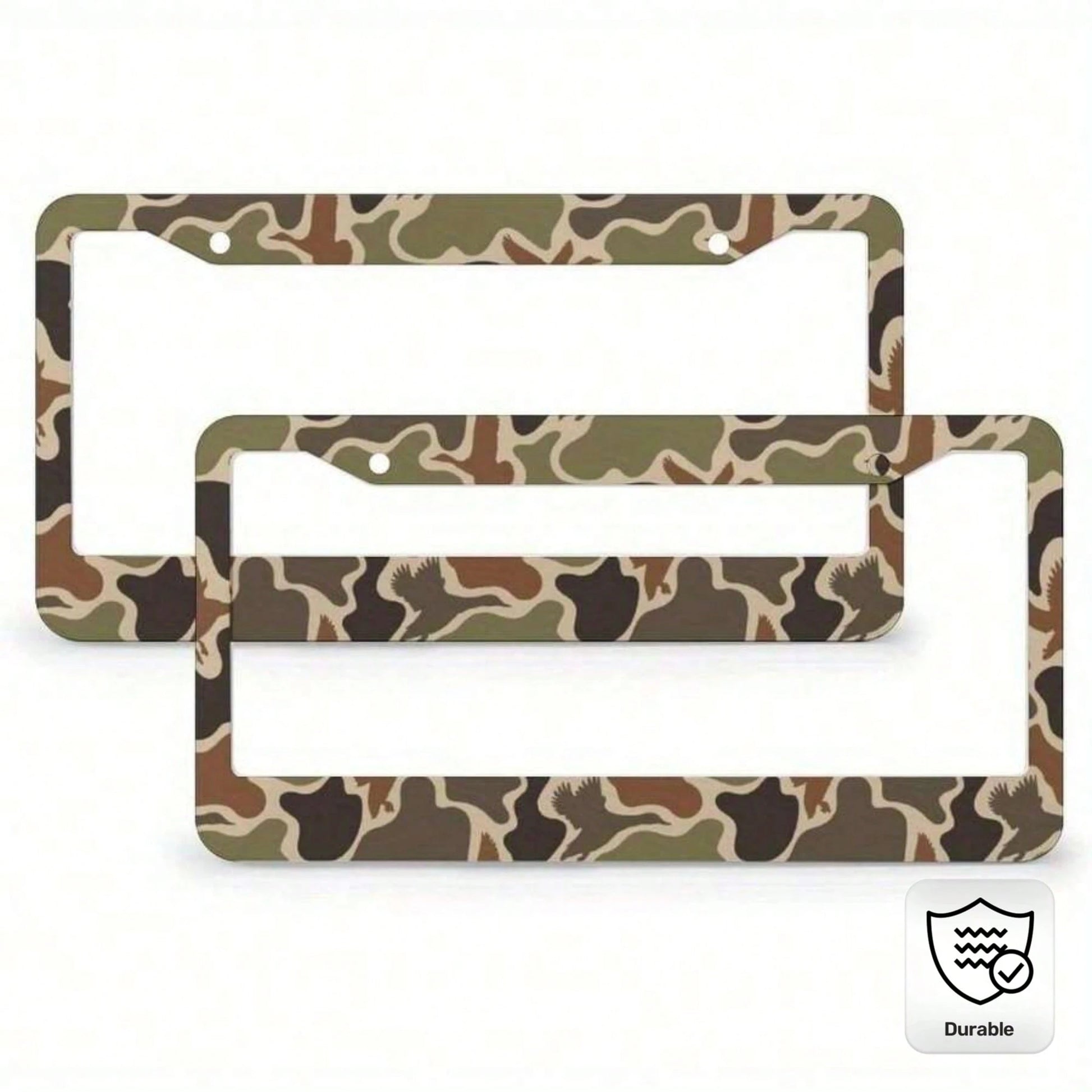 1pc 2D Flat Hunting Duck Camouflage Double Hole Aluminum License Plate Frame- Rustproof, Unisex (122x6.3inch)- Standard American Car License Plate Protector, Hunting Theme, Durable, Designed For Adv