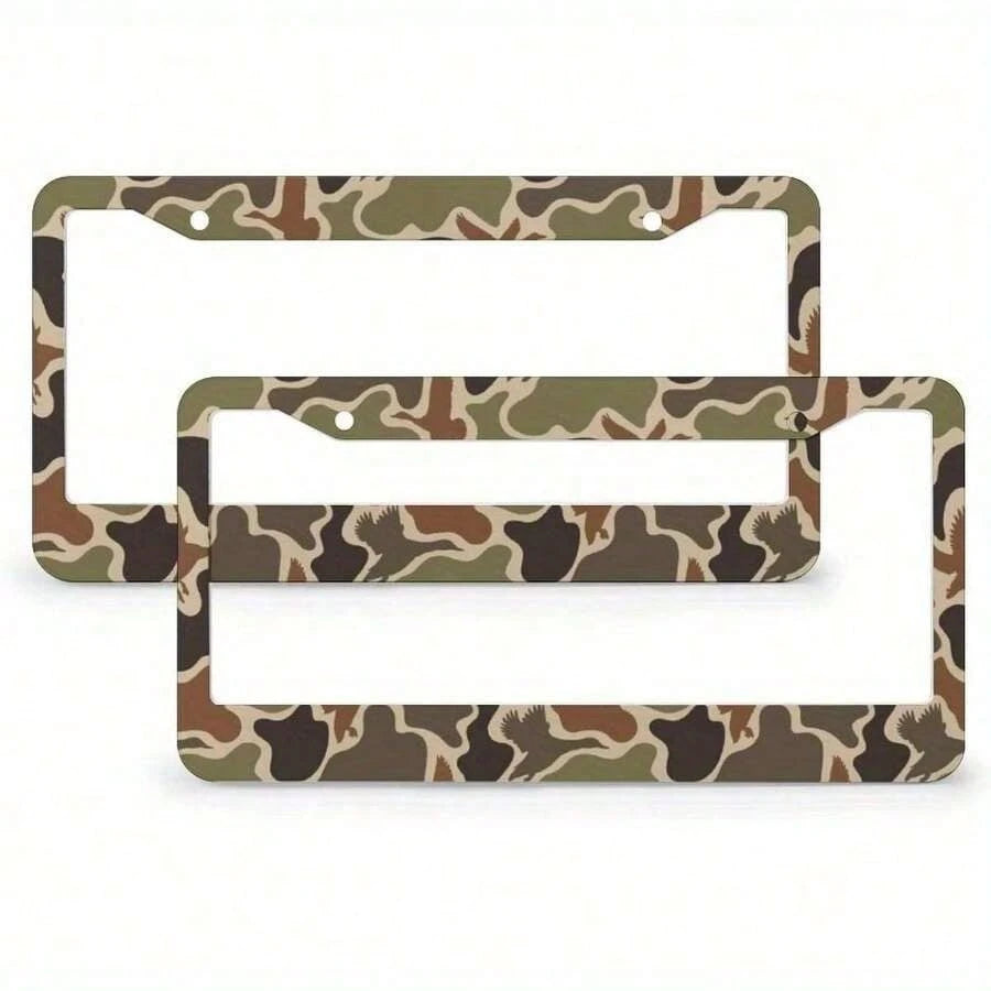 1pc 2D Flat Hunting Duck Camouflage Double Hole Aluminum License Plate Frame- Rustproof, Unisex (122x6.3inch)- Standard American Car License Plate Protector, Hunting Theme, Durable, Designed For Adv