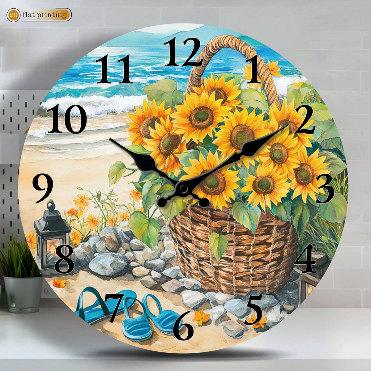 1Pc 2D Flat Sunflower Basket Beach Scene Print Wall Clock, 12Inch Silent Wooden Round Clock For Dining Room Kitchen Cafe, Coastal Home Decor Gift