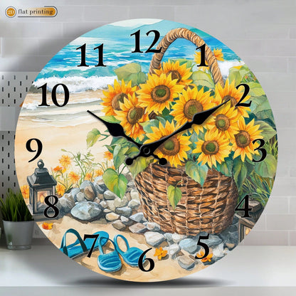 1Pc 2D Flat Sunflower Basket Beach Scene Print Wall Clock, 12Inch Silent Wooden Round Clock For Dining Room Kitchen Cafe, Coastal Home Decor Gift