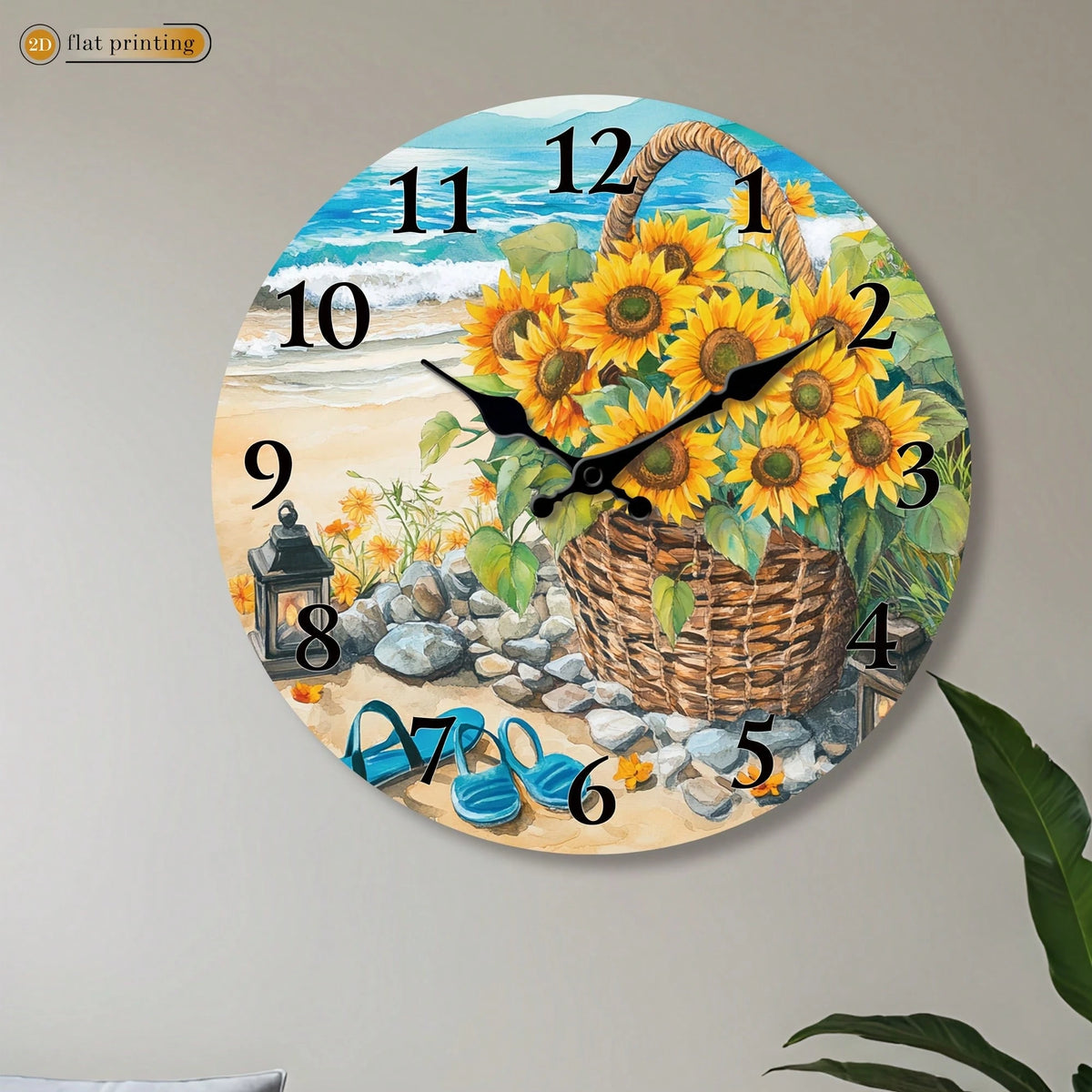 1Pc 2D Flat Sunflower Basket Beach Scene Print Wall Clock, 12Inch Silent Wooden Round Clock For Dining Room Kitchen Cafe, Coastal Home Decor Gift