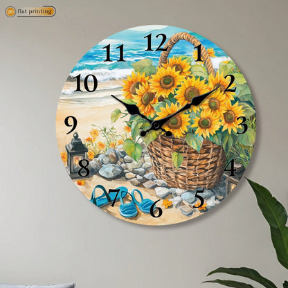 1Pc 2D Flat Sunflower Basket Beach Scene Print Wall Clock, 12Inch Silent Wooden Round Clock For Dining Room Kitchen Cafe, Coastal Home Decor Gift