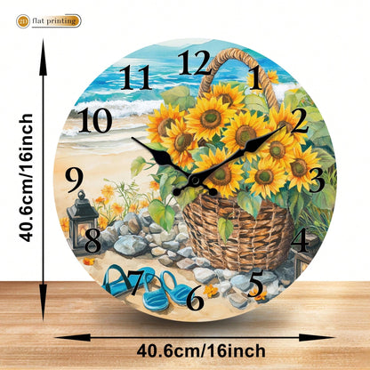 1Pc 2D Flat Sunflower Basket Beach Scene Print Wall Clock, 12Inch Silent Wooden Round Clock For Dining Room Kitchen Cafe, Coastal Home Decor Gift