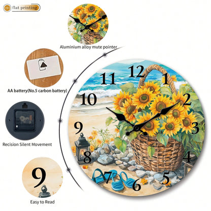 1Pc 2D Flat Sunflower Basket Beach Scene Print Wall Clock, 12Inch Silent Wooden Round Clock For Dining Room Kitchen Cafe, Coastal Home Decor Gift