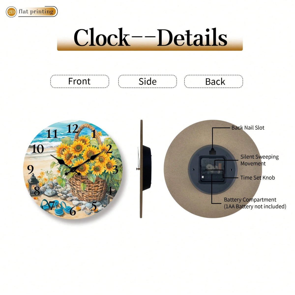 1Pc 2D Flat Sunflower Basket Beach Scene Print Wall Clock, 12Inch Silent Wooden Round Clock For Dining Room Kitchen Cafe, Coastal Home Decor Gift