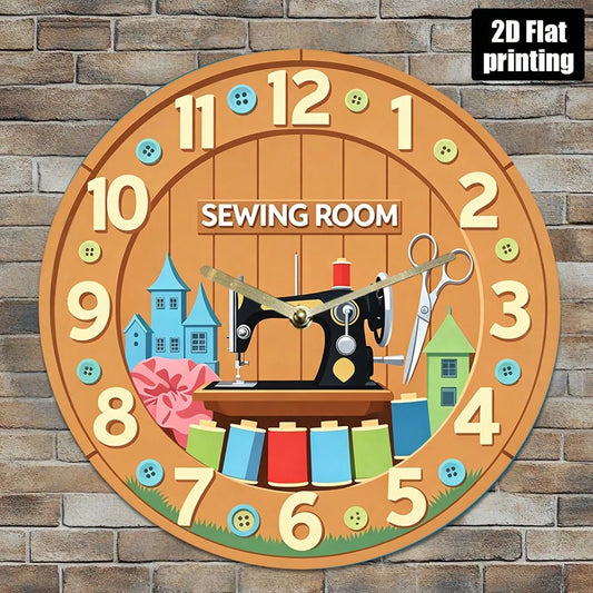 1Pc 2D Flat Vintage Sewing Machine Scissor Print Wall Clock, 12Inch Silent Acrylic Round Clock For Craft Room Kitchen, Sewing Home Decor Gift