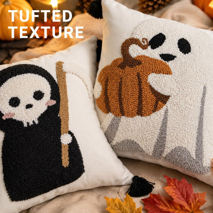 1pc/2pcs 18x18 Inch Tufted Halloween Pillow Covers, Ghost Pumpkin And Grim Reaper Decorative Cushion Covers With Hidden Zipper And Tassels, Suitable For Sofa And Bedroom Decor, Pillow Covers Only, No