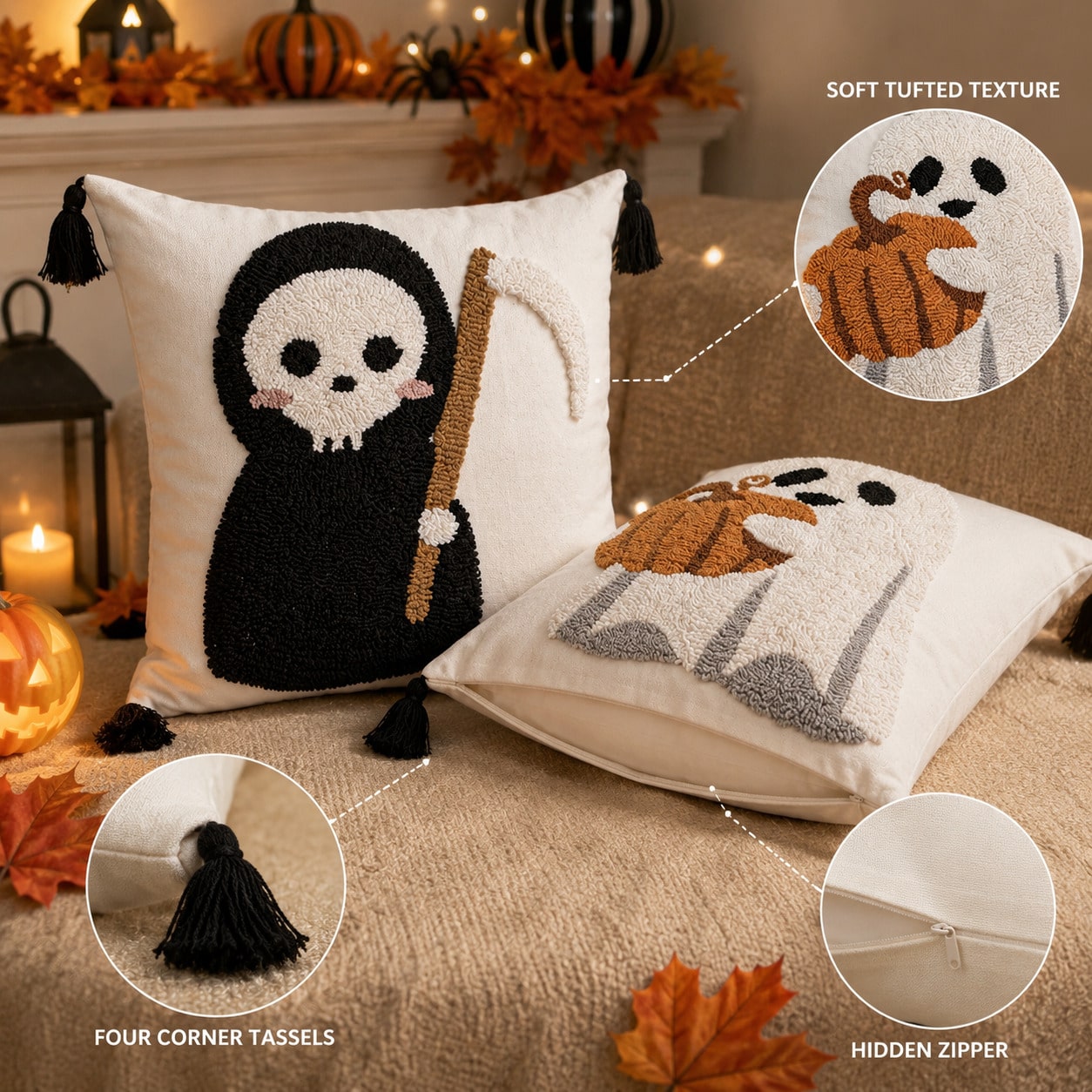 1pc/2pcs 18x18 Inch Tufted Halloween Pillow Covers, Ghost Pumpkin And Grim Reaper Decorative Cushion Covers With Hidden Zipper And Tassels, Suitable For Sofa And Bedroom Decor, Pillow Covers Only, No