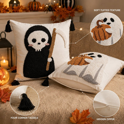 1pc/2pcs 18x18 Inch Tufted Halloween Pillow Covers, Ghost Pumpkin And Grim Reaper Decorative Cushion Covers With Hidden Zipper And Tassels, Suitable For Sofa And Bedroom Decor, Pillow Covers Only, No