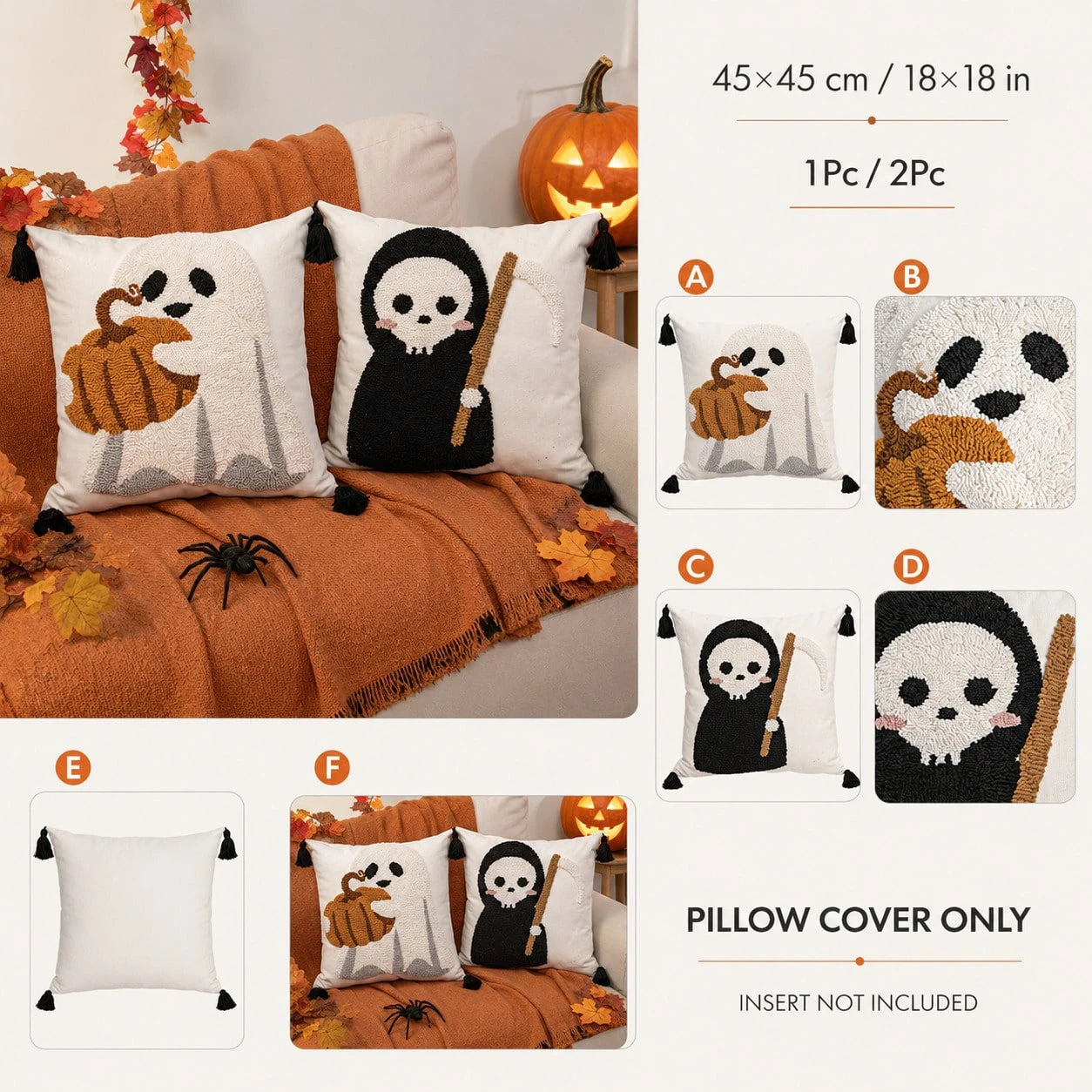1pc/2pcs 18x18 Inch Tufted Halloween Pillow Covers, Ghost Pumpkin And Grim Reaper Decorative Cushion Covers With Hidden Zipper And Tassels, Suitable For Sofa And Bedroom Decor, Pillow Covers Only, No