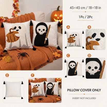 1pc/2pcs 18x18 Inch Tufted Halloween Pillow Covers, Ghost Pumpkin And Grim Reaper Decorative Cushion Covers With Hidden Zipper And Tassels, Suitable For Sofa And Bedroom Decor, Pillow Covers Only, No