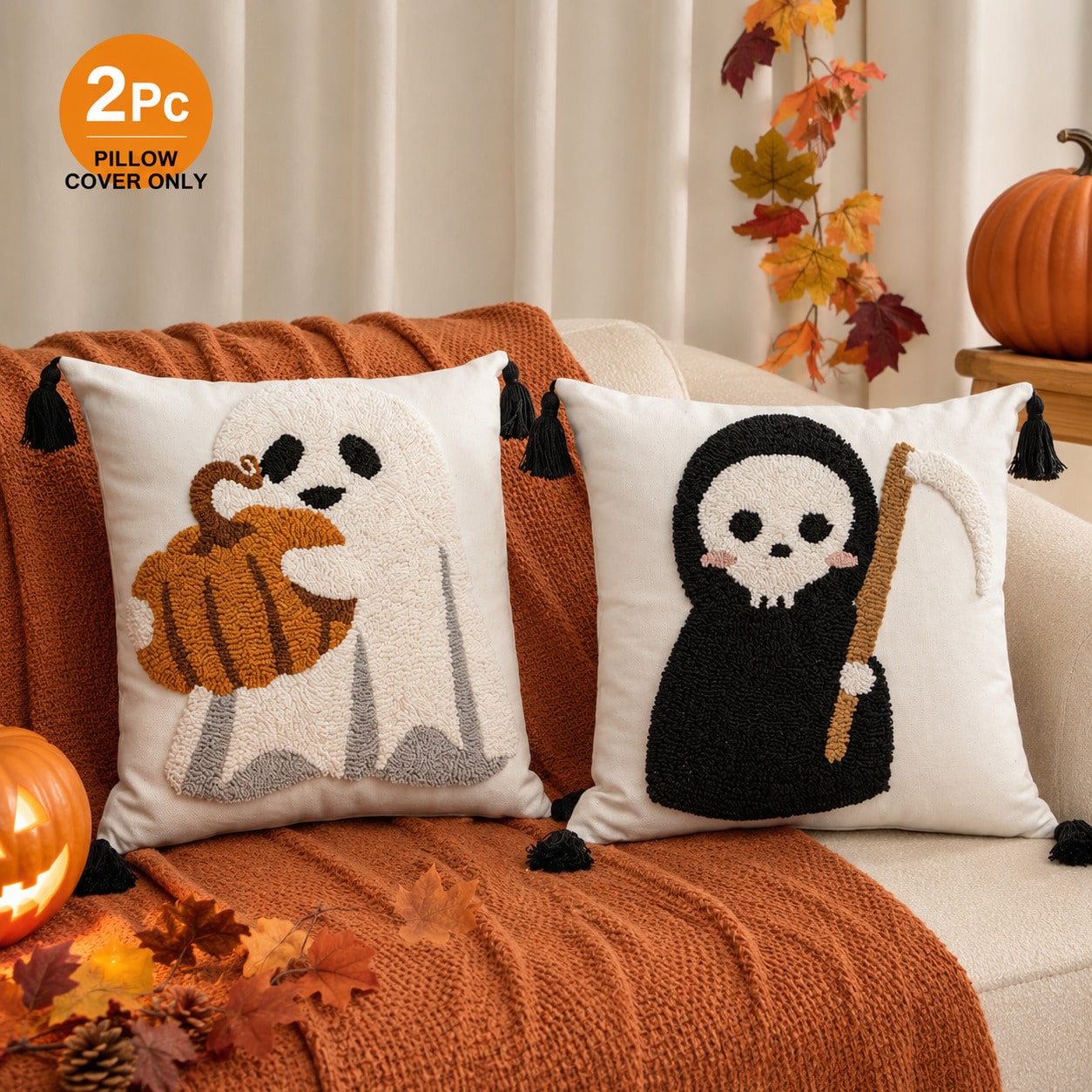 1pc/2pcs 18x18 Inch Tufted Halloween Pillow Covers, Ghost Pumpkin And Grim Reaper Decorative Cushion Covers With Hidden Zipper And Tassels, Suitable For Sofa And Bedroom Decor, Pillow Covers Only, No
