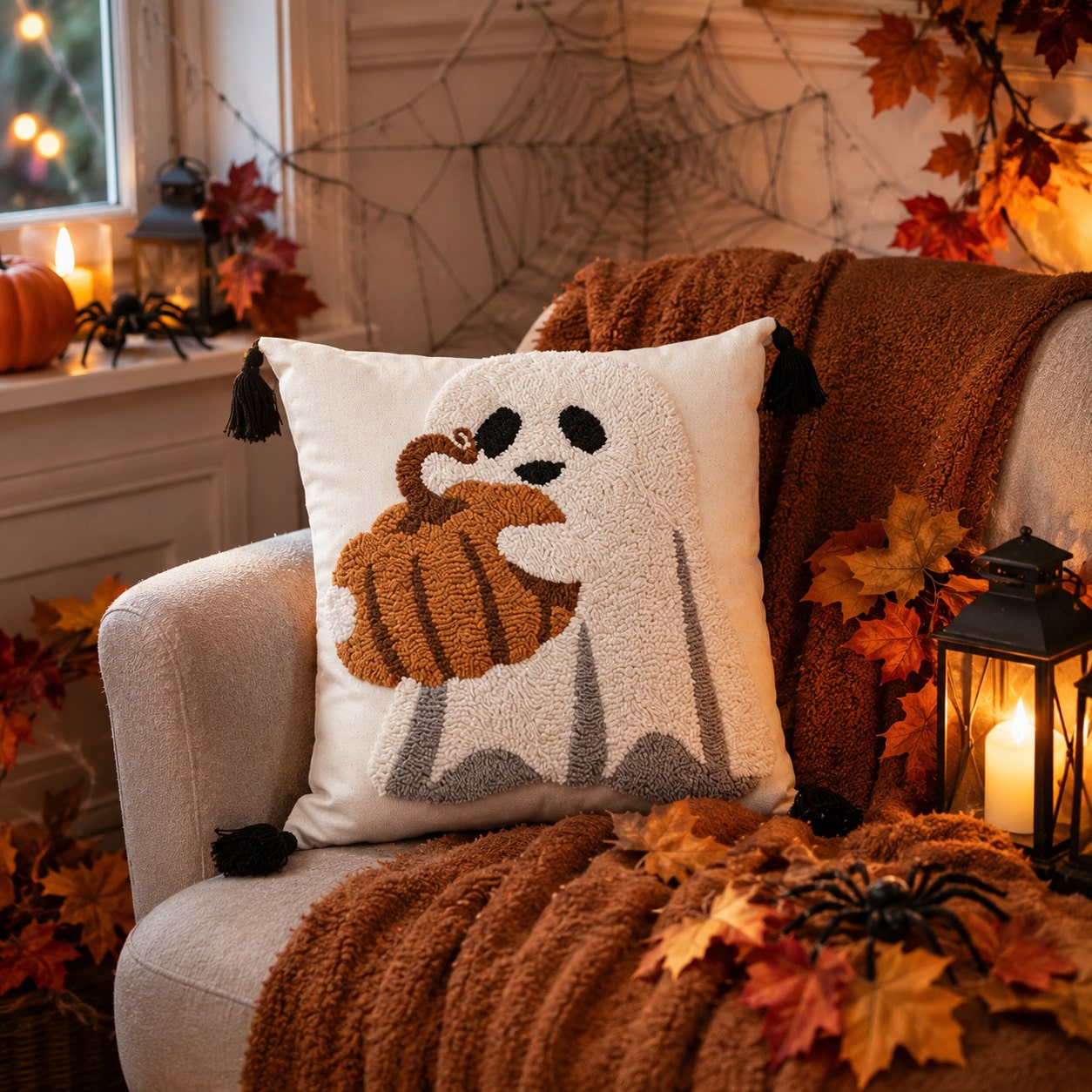 1pc/2pcs 18x18 Inch Tufted Halloween Pillow Covers, Ghost Pumpkin And Grim Reaper Decorative Cushion Covers With Hidden Zipper And Tassels, Suitable For Sofa And Bedroom Decor, Pillow Covers Only, No