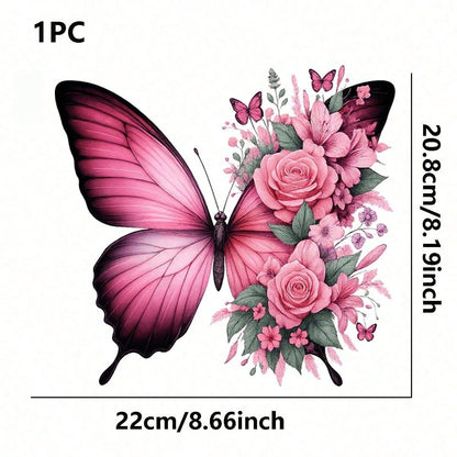 1pc/2pcs/3pcs Pink Butterfly & Floral Pattern Heat Transfer Stickers For DIY T-Shirts, Jeans, Pillows, Backpacks, Hats And Sofa Covers, Waterproof, Fade-Resistant, Durable, Washable Plastic Stickers