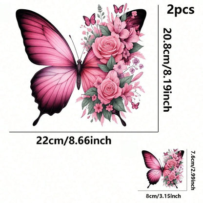 1pc/2pcs/3pcs Pink Butterfly & Floral Pattern Heat Transfer Stickers For DIY T-Shirts, Jeans, Pillows, Backpacks, Hats And Sofa Covers, Waterproof, Fade-Resistant, Durable, Washable Plastic Stickers