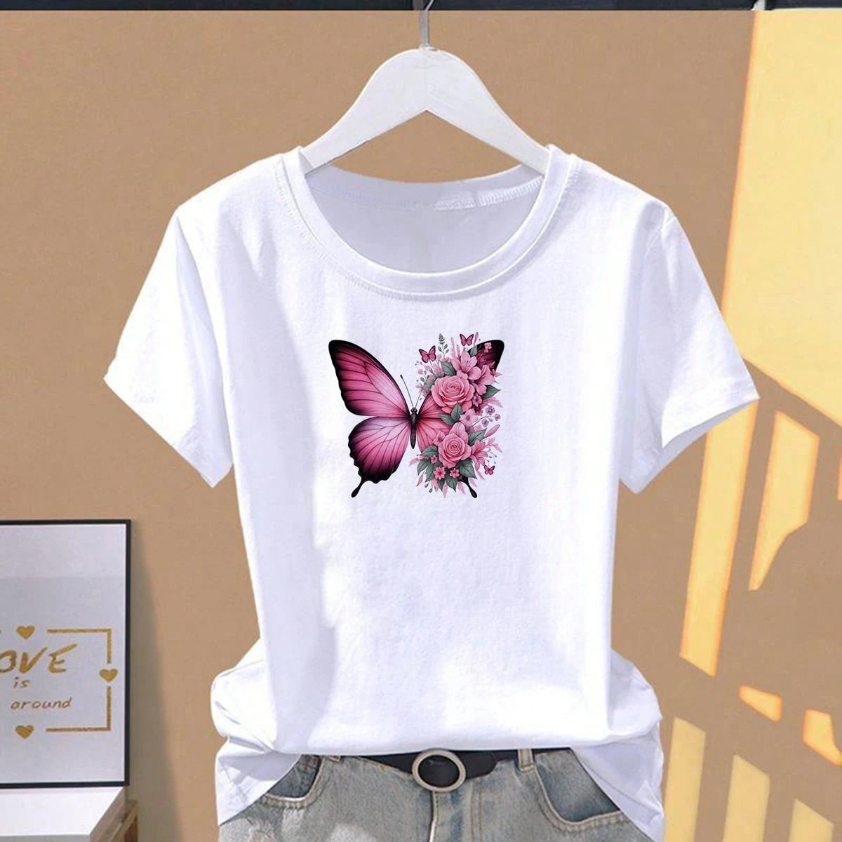 1pc/2pcs/3pcs Pink Butterfly & Floral Pattern Heat Transfer Stickers For DIY T-Shirts, Jeans, Pillows, Backpacks, Hats And Sofa Covers, Waterproof, Fade-Resistant, Durable, Washable Plastic Stickers