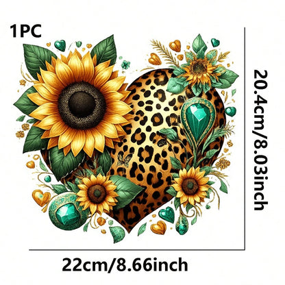 1pc/2pcs/3pcs Sunflower Leopard Print Heart Pattern Heat Transfer Stickers DIY Iron-On Patch For T-Shirt Making, Pillow Decoration- Multi-Color Durable Washable Plastic Stickers, Suitable For Backpac