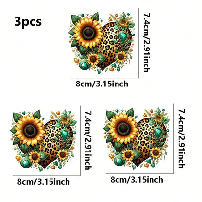 1pc/2pcs/3pcs Sunflower Leopard Print Heart Pattern Heat Transfer Stickers DIY Iron-On Patch For T-Shirt Making, Pillow Decoration- Multi-Color Durable Washable Plastic Stickers, Suitable For Backpac