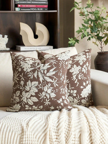 1pc/2pcs/4pcs Deep Brown Background Vintage White Floral Sketch Print Pillow Case, Country Vintage Style Bedroom Decor| Living Room Decor| Room Decor, Polyester Durable Hard Fabric Single-Sided Prin