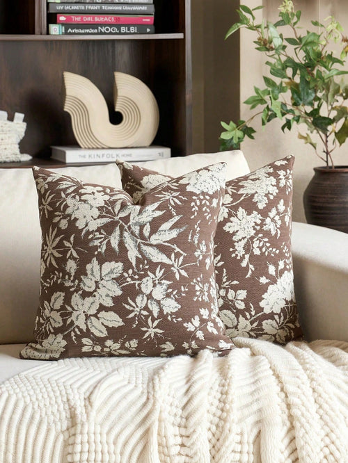1pc/2pcs/4pcs Deep Brown Background Vintage White Floral Sketch Print Pillow Case, Country Vintage Style Bedroom Decor| Living Room Decor| Room Decor, Polyester Durable Hard Fabric Single-Sided Prin