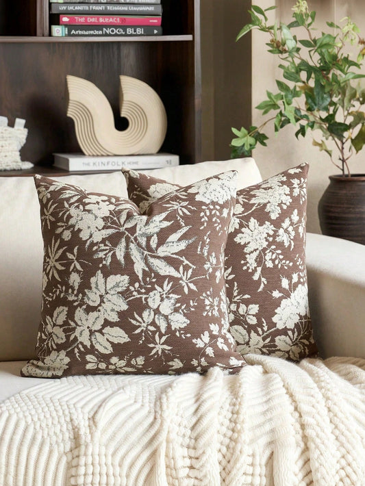 1pc/2pcs/4pcs Deep Brown Background Vintage White Floral Sketch Print Pillow Case, Country Vintage Style Bedroom Decor| Living Room Decor| Room Decor, Polyester Durable Hard Fabric Single-Sided Prin