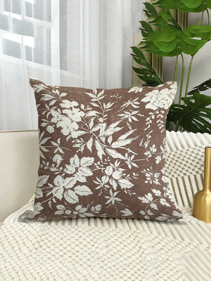 1pc/2pcs/4pcs Deep Brown Background Vintage White Floral Sketch Print Pillow Case, Country Vintage Style Bedroom Decor| Living Room Decor| Room Decor, Polyester Durable Hard Fabric Single-Sided Prin