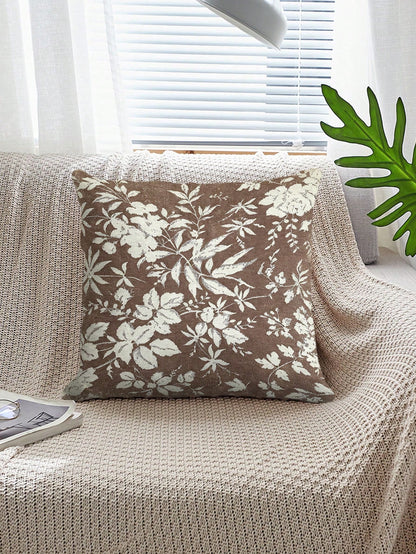 1pc/2pcs/4pcs Deep Brown Background Vintage White Floral Sketch Print Pillow Case, Country Vintage Style Bedroom Decor| Living Room Decor| Room Decor, Polyester Durable Hard Fabric Single-Sided Prin