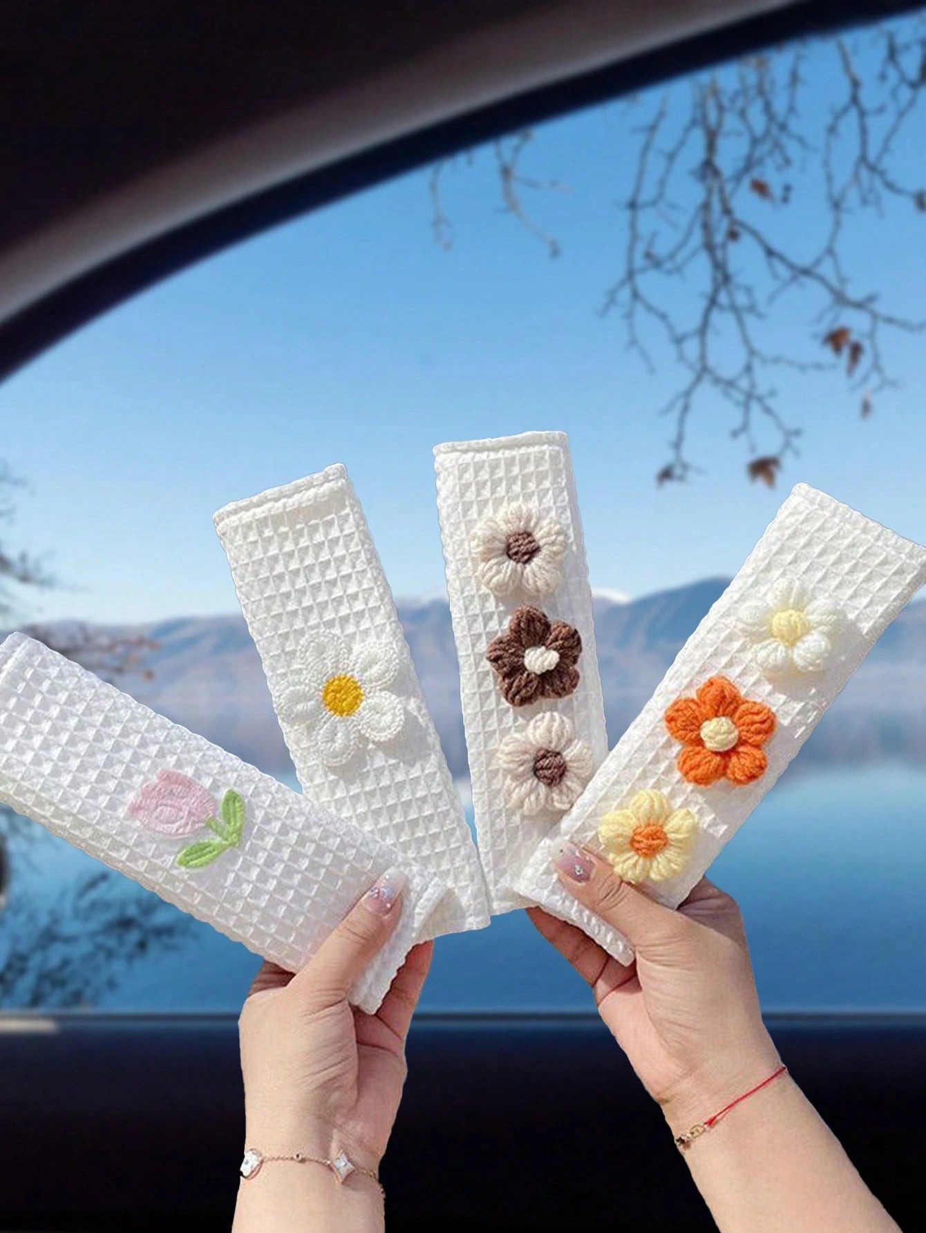 1pc/2pcs Cute Tulip Floral Car Seat Belt Covers, Elegant Seasonal Vehicle Safety Belt Shoulder Pads