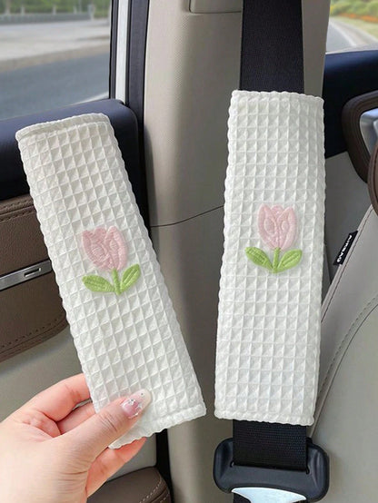 1pc/2pcs Cute Tulip Floral Car Seat Belt Covers, Elegant Seasonal Vehicle Safety Belt Shoulder Pads