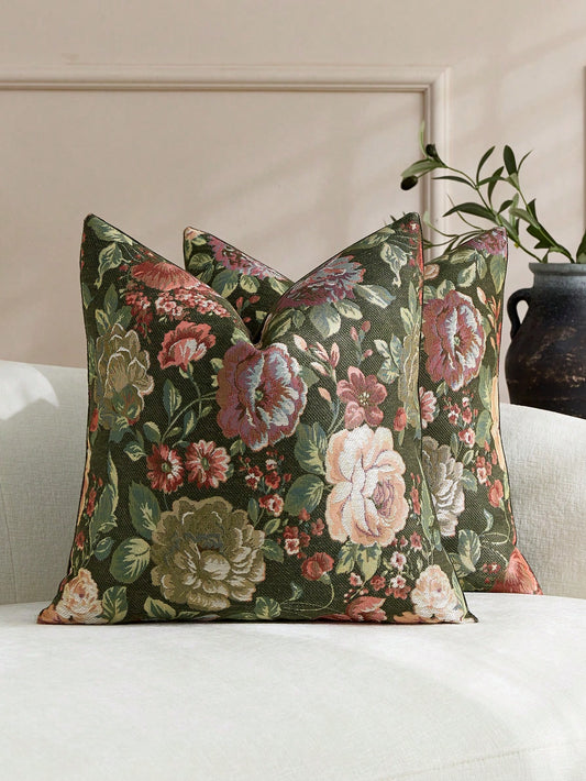1pc/2pcs Olive Green (No Insert) Floral Pattern Cushion Cover, Fashionable Vintage Comfortable Jacquard Rose Chenille Pillowcase, Suitable For Daily Home Decor, Sofa, Bed, Bedroom, Gift, Holiday Decor
