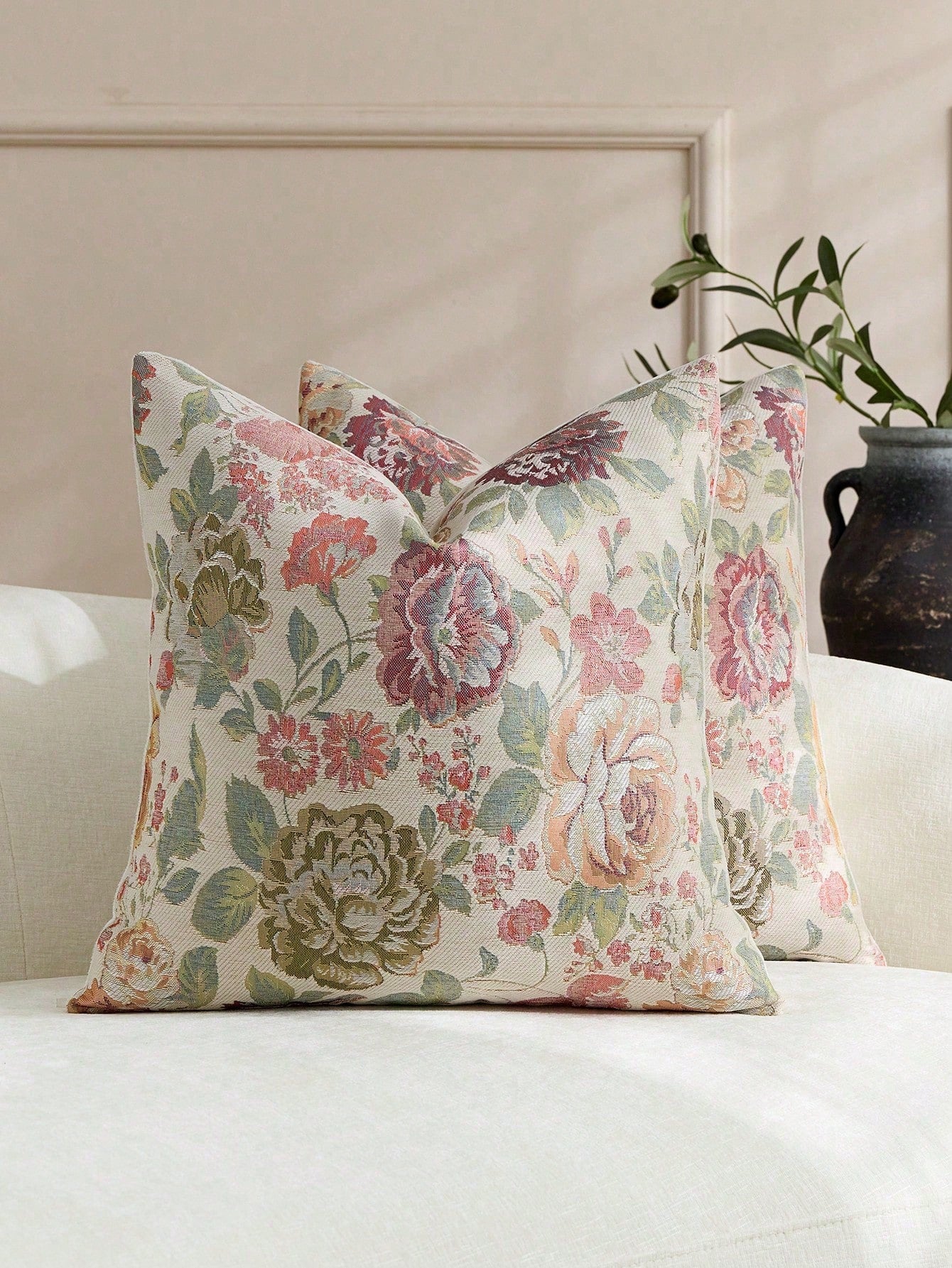 1pc/2pcs Olive Green (No Insert) Floral Pattern Cushion Cover, Fashionable Vintage Comfortable Jacquard Rose Chenille Pillowcase, Suitable For Daily Home Decor, Sofa, Bed, Bedroom, Gift, Holiday Decor