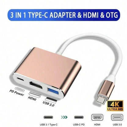 1pc 3-In-1 USB-C To HDTV Interface Card For Pro/Air And IPad Pro- Supports 4K Multi Port Audio/Video Conversion, Built-In USB 3.0, PD Power Delivery And Type-C Cable, HDTV To USB Interface Card, Mul