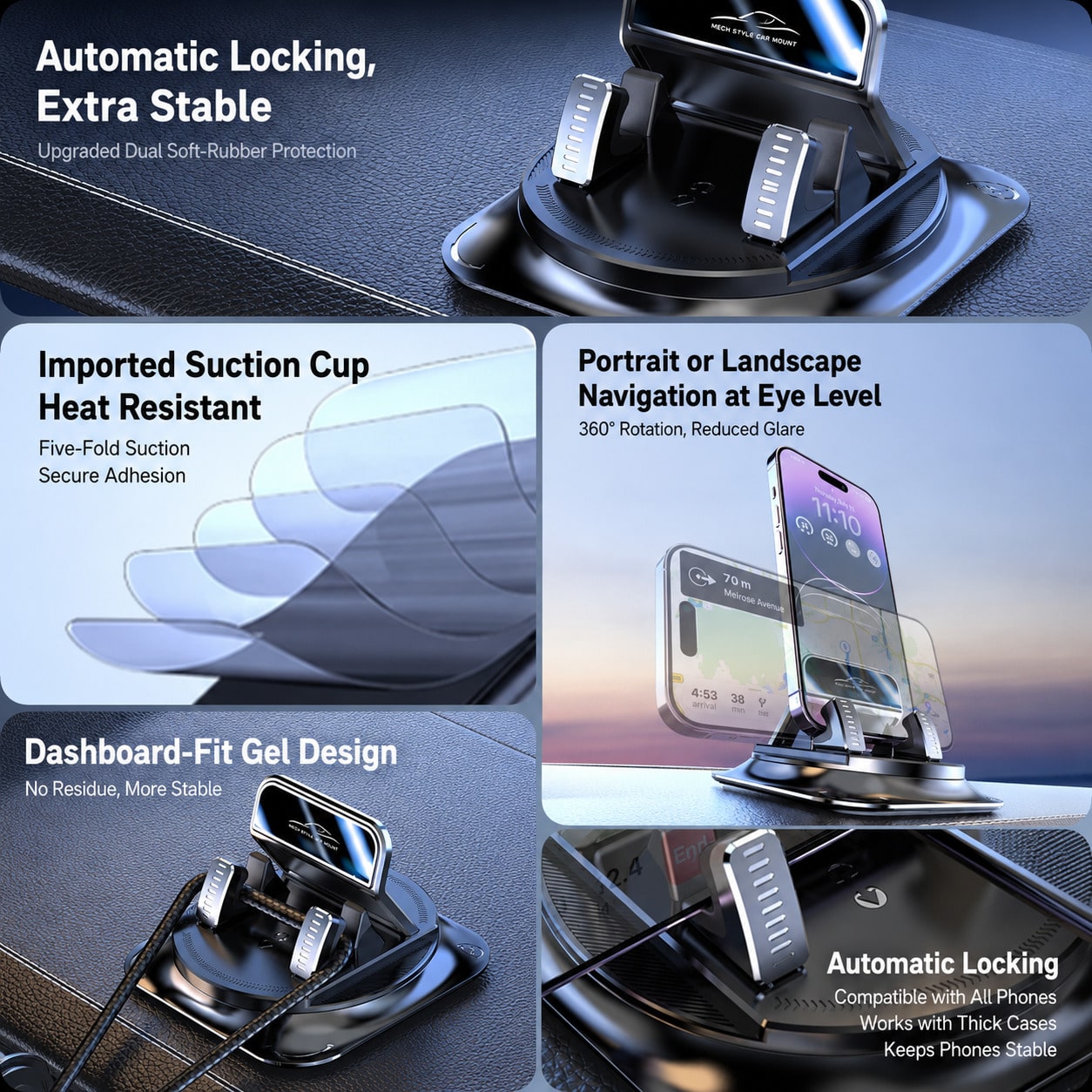 1pc 360° Rotating Dashboard Phone Holder, Nano Gel Base Enhanced Grip, Auto Lock Prevents Overheating, Car Phone Mount, Car Accessories, Car Interior Essentials, Men's/Women's Car Accessories
