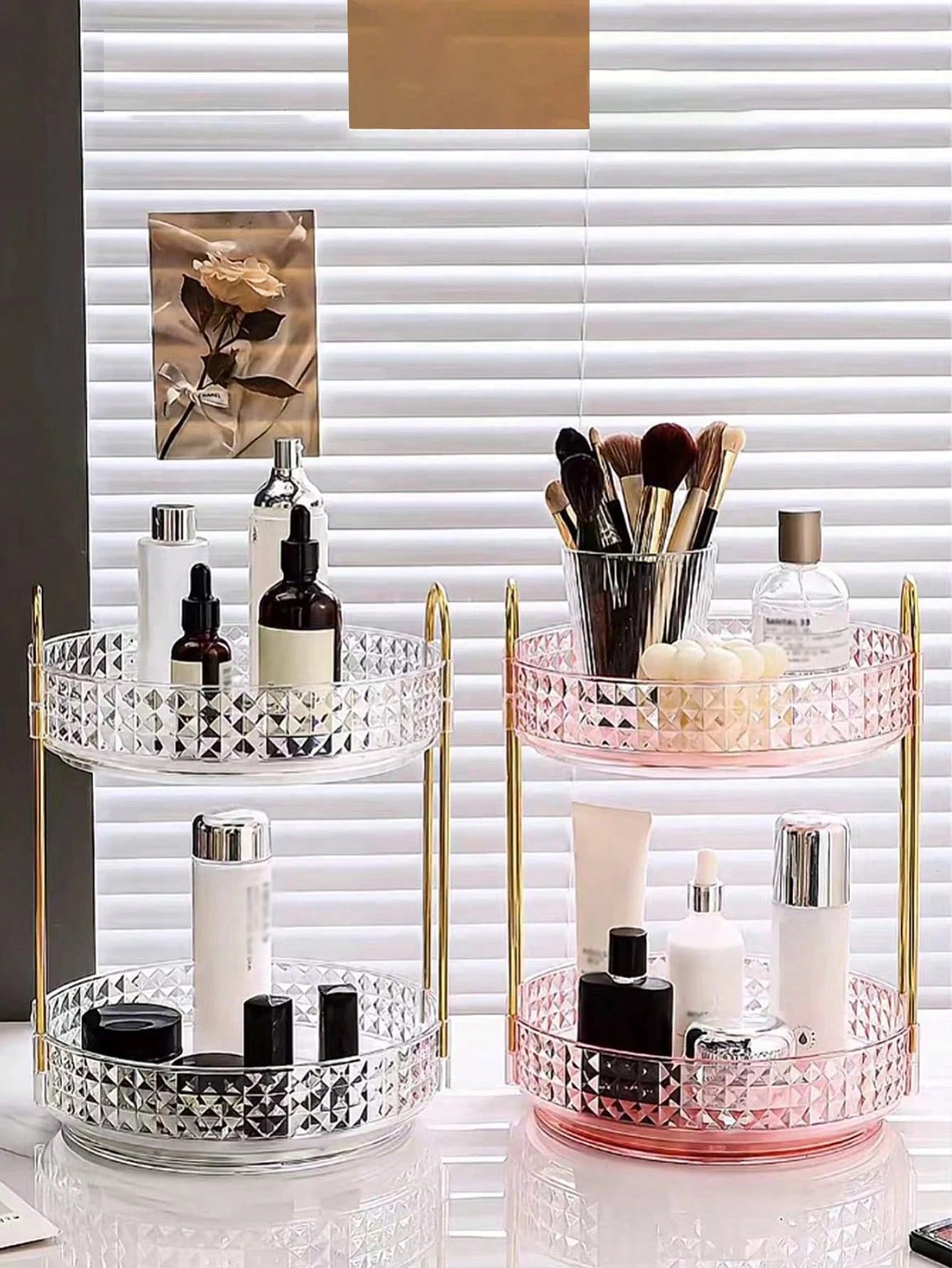 1pc 360° Rotating Makeup Organizer- DIY Adjustable Carousel Spinning Rack Cosmetics Display Rack Perfume Organiser, Spinning Bathroom Countertop Vanity Shelf, Table Decor,Ultra-Large Capacity Beauty