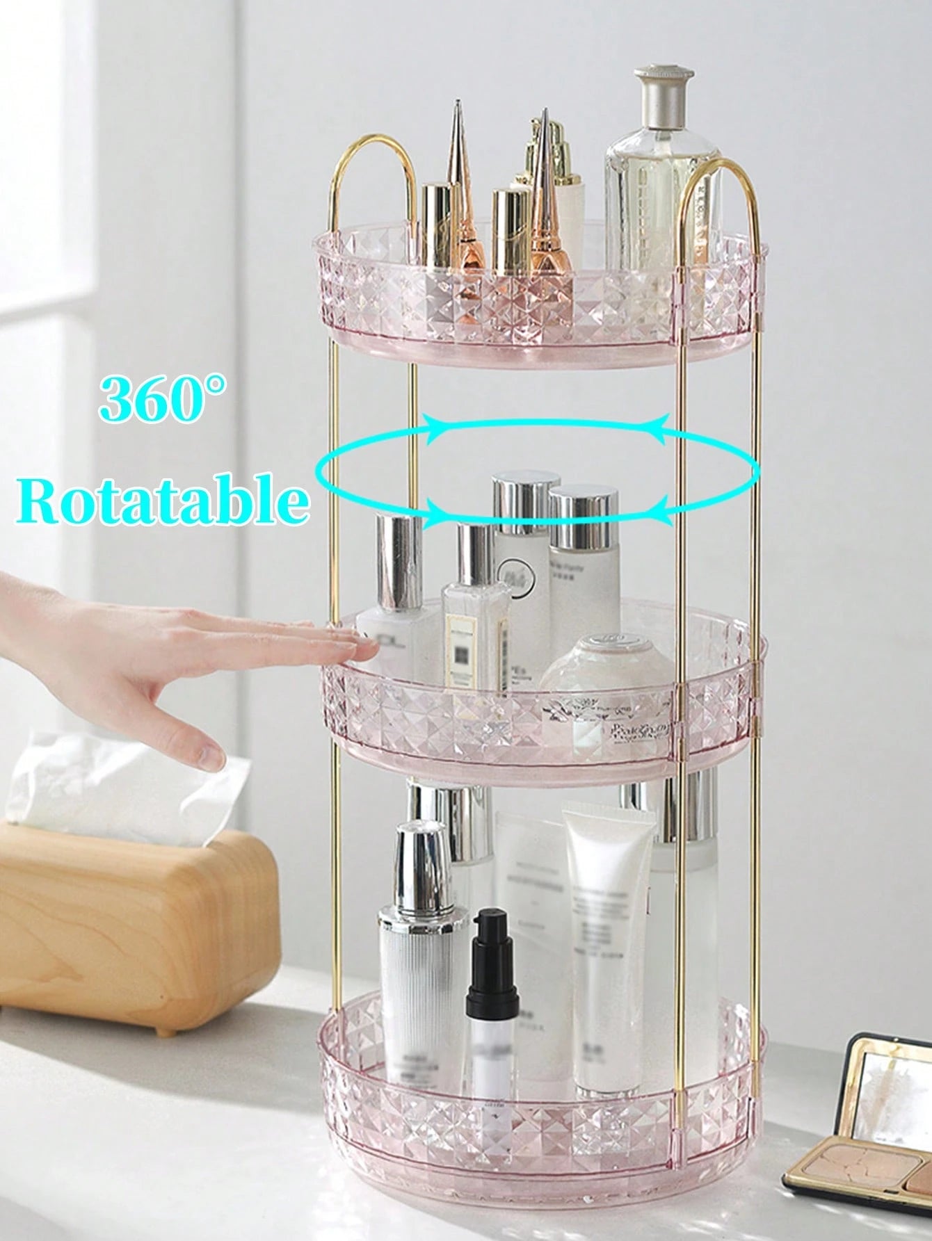 1pc 360° Rotating Makeup Organizer- DIY Adjustable Carousel Spinning Rack Cosmetics Display Rack Perfume Organiser, Spinning Bathroom Countertop Vanity Shelf, Table Decor,Ultra-Large Capacity Beauty