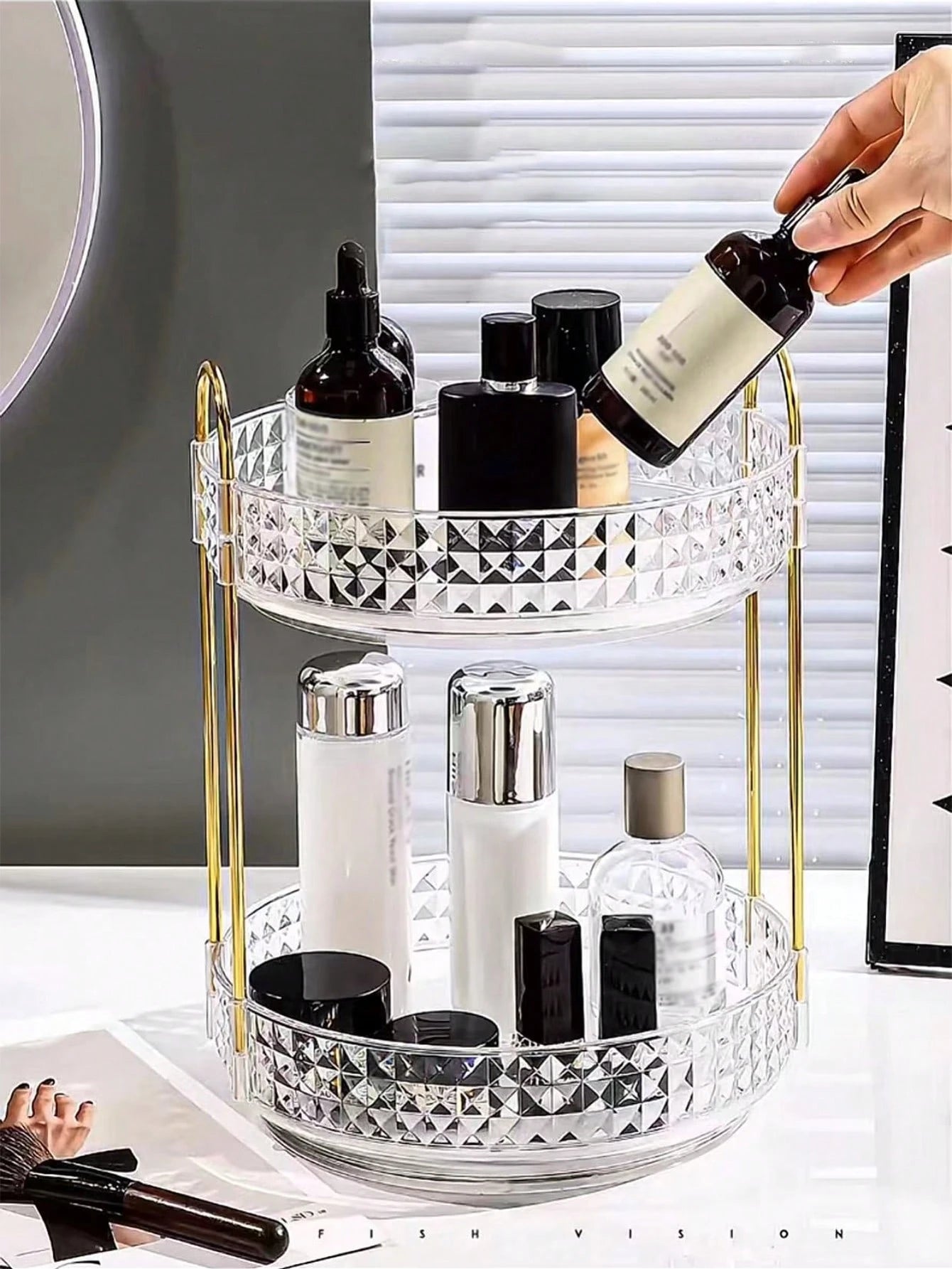 1pc 360° Rotating Makeup Organizer- DIY Adjustable Carousel Spinning Rack Cosmetics Display Rack Perfume Organiser, Spinning Bathroom Countertop Vanity Shelf, Table Decor,Ultra-Large Capacity Beauty