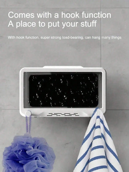 1pc 360° Rotating Touch Control Shower Phone Holder, Waterproof Anti-Fog Bathroom Phone Stand, Hole-Free Kitchen Storage Rack Bathroom Accessories