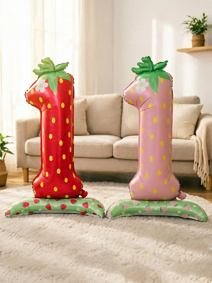 1pc 42-Inch Strawberry Theme Standing Number "1" Foil Balloon, Suitable For Birthday Party, 1st Birthday Party, 1st Birthday Party Decoration