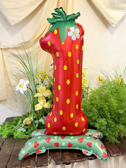 1pc 42-Inch Strawberry Theme Standing Number "1" Foil Balloon, Suitable For Birthday Party, 1st Birthday Party, 1st Birthday Party Decoration