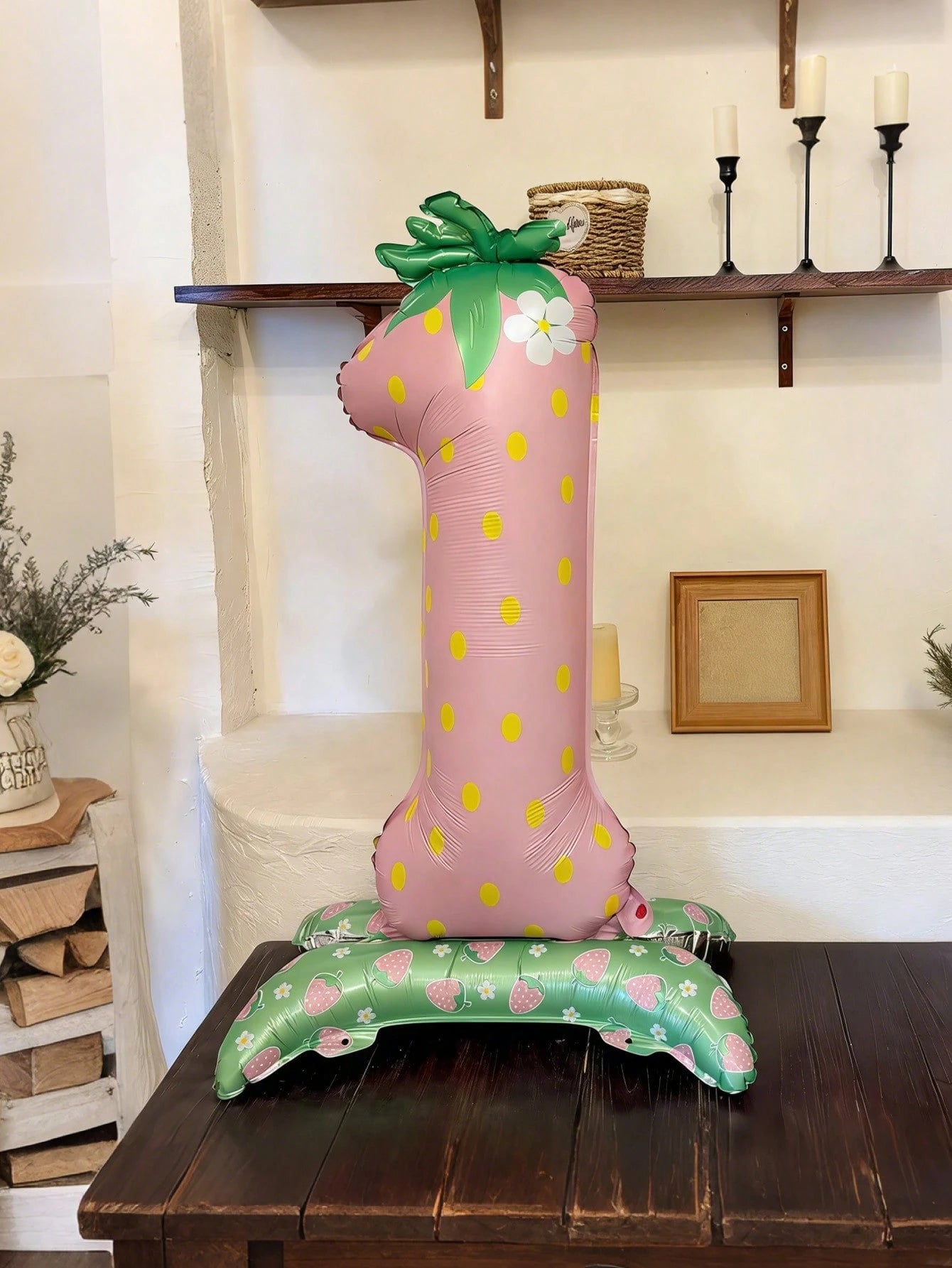 1pc 42-Inch Strawberry Theme Standing Number "1" Foil Balloon, Suitable For Birthday Party, 1st Birthday Party, 1st Birthday Party Decoration