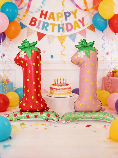 1pc 42-Inch Strawberry Theme Standing Number "1" Foil Balloon, Suitable For Birthday Party, 1st Birthday Party, 1st Birthday Party Decoration