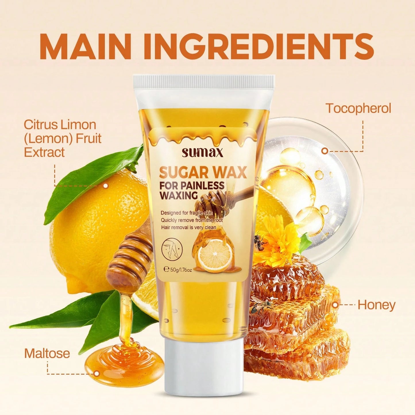 1Pc 50g Natural Lemon Hair Removal Wax Hair Loss On The Body, Armpits, Thighs, And Arms Mild And Non Irritating,Armpits,WAXING Designed For Fragile Skin,Clean And Gentle Hair Removal.