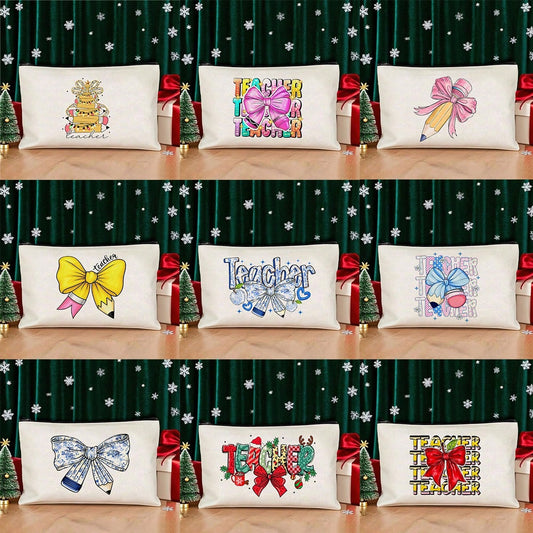 1pc/5PCS/10PCS/Set Teacher Theme Bow Design Gift Bag Storage Bag, Y2K Sweet Style Bow Print Colorful Letters Funny Cosmetic Bag Portable Toiletry Bag Gift Bag, Makeup Storage Bag Cosmetic Storage Bag