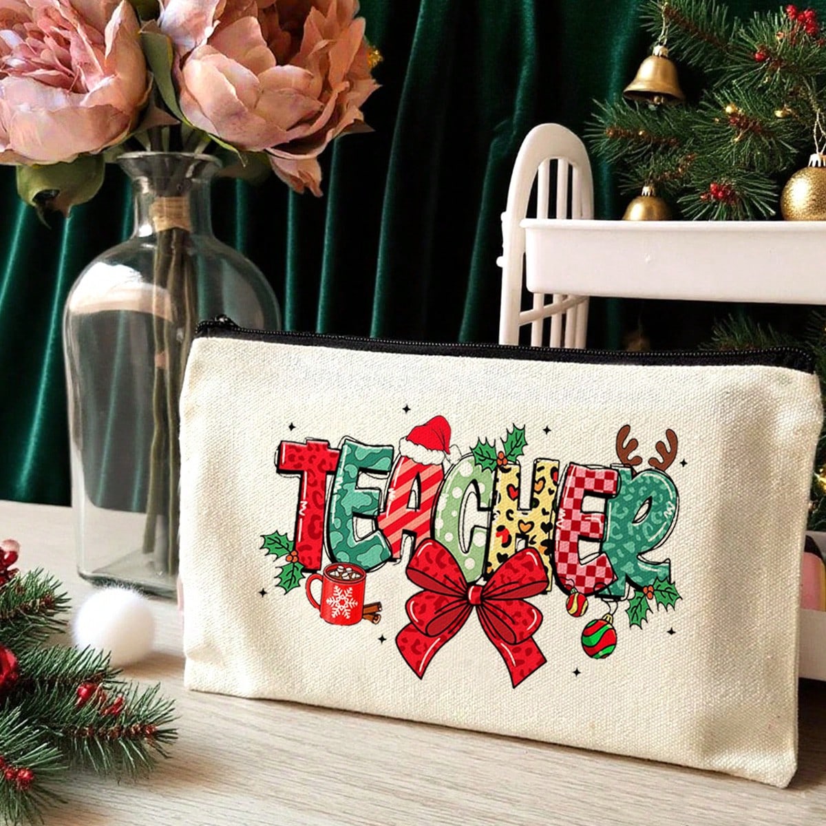 1pc/5PCS/10PCS/Set Teacher Theme Bow Design Gift Bag Storage Bag, Y2K Sweet Style Bow Print Colorful Letters Funny Cosmetic Bag Portable Toiletry Bag Gift Bag, Makeup Storage Bag Cosmetic Storage Bag