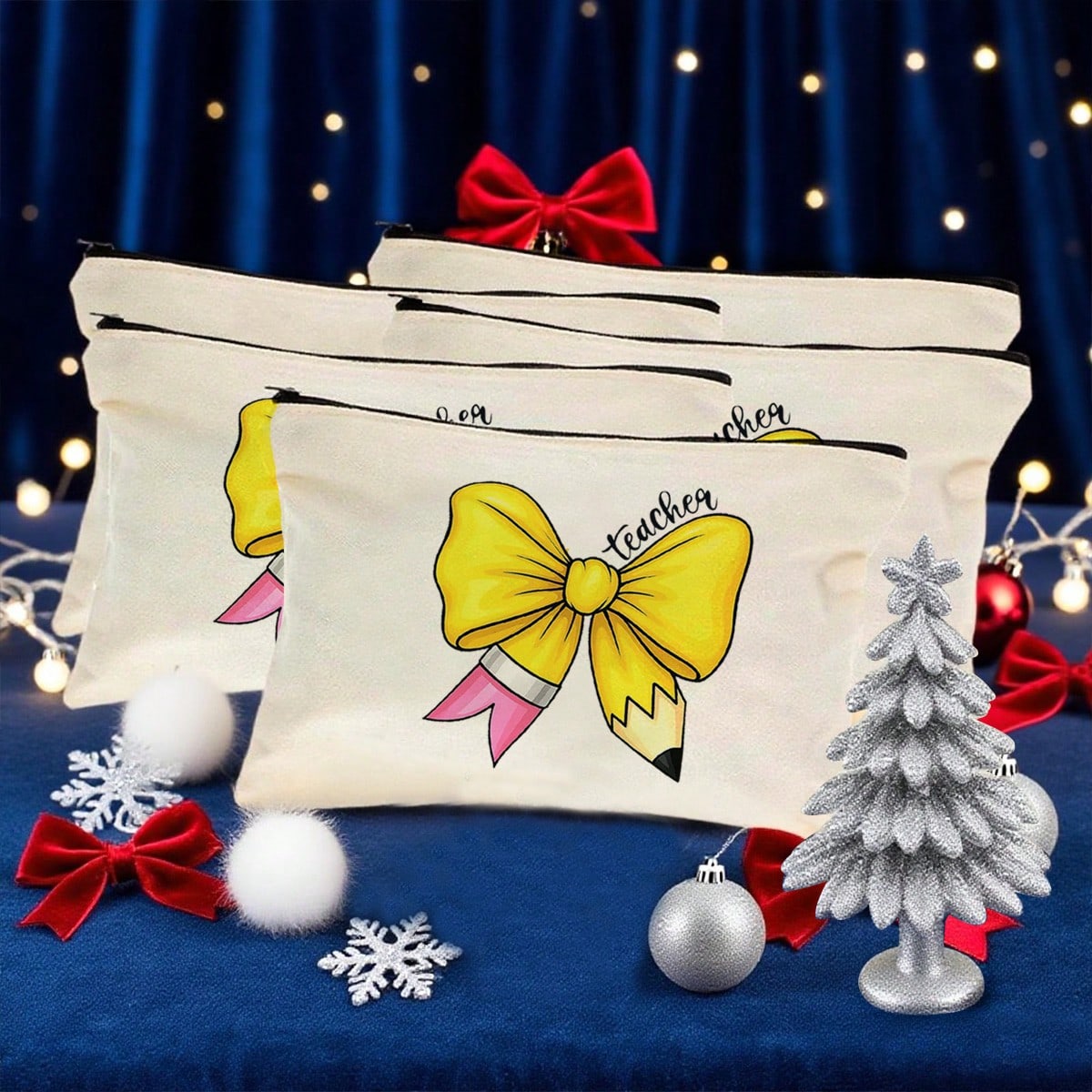 1pc/5PCS/10PCS/Set Teacher Theme Bow Design Gift Bag Storage Bag, Y2K Sweet Style Bow Print Colorful Letters Funny Cosmetic Bag Portable Toiletry Bag Gift Bag, Makeup Storage Bag Cosmetic Storage Bag