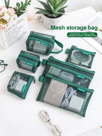 1PC/6PCS Transparent Mesh Storage Bag For Data Cable Digital Change Card Key Headphone Charging Head And Cosmetics