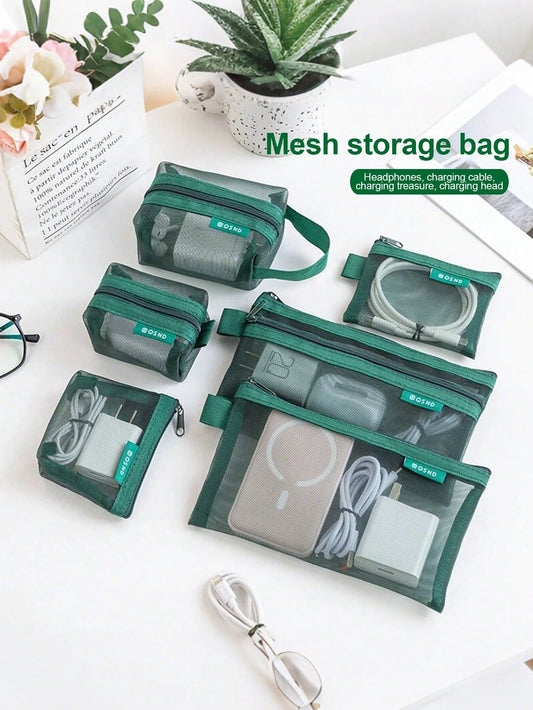 1PC/6PCS Transparent Mesh Storage Bag For Data Cable Digital Change Card Key Headphone Charging Head And Cosmetics
