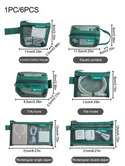 1PC/6PCS Transparent Mesh Storage Bag For Data Cable Digital Change Card Key Headphone Charging Head And Cosmetics