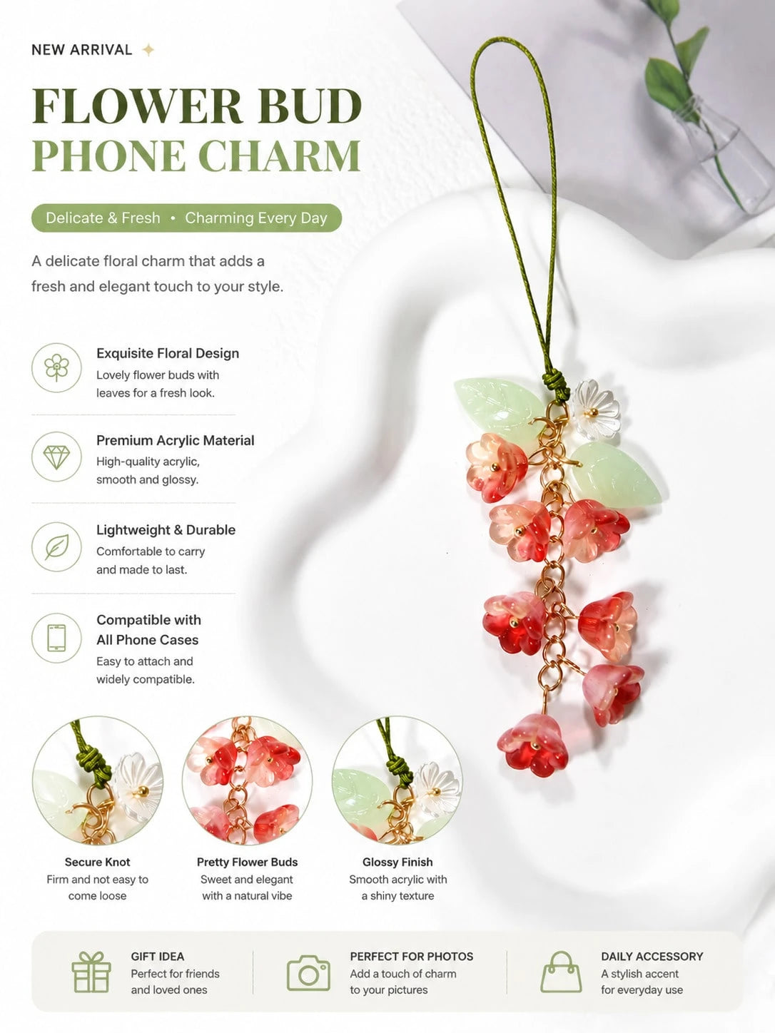 1pc 8-Color Fairy-Style Glass Lily Flower Phone Case Chain, Creative Phone/Camera Lanyard, Phone Accessories, Smartphone Wrist Strap, Smartphone Crossbody Bag (Actual Size May Slightly Differ From Pho