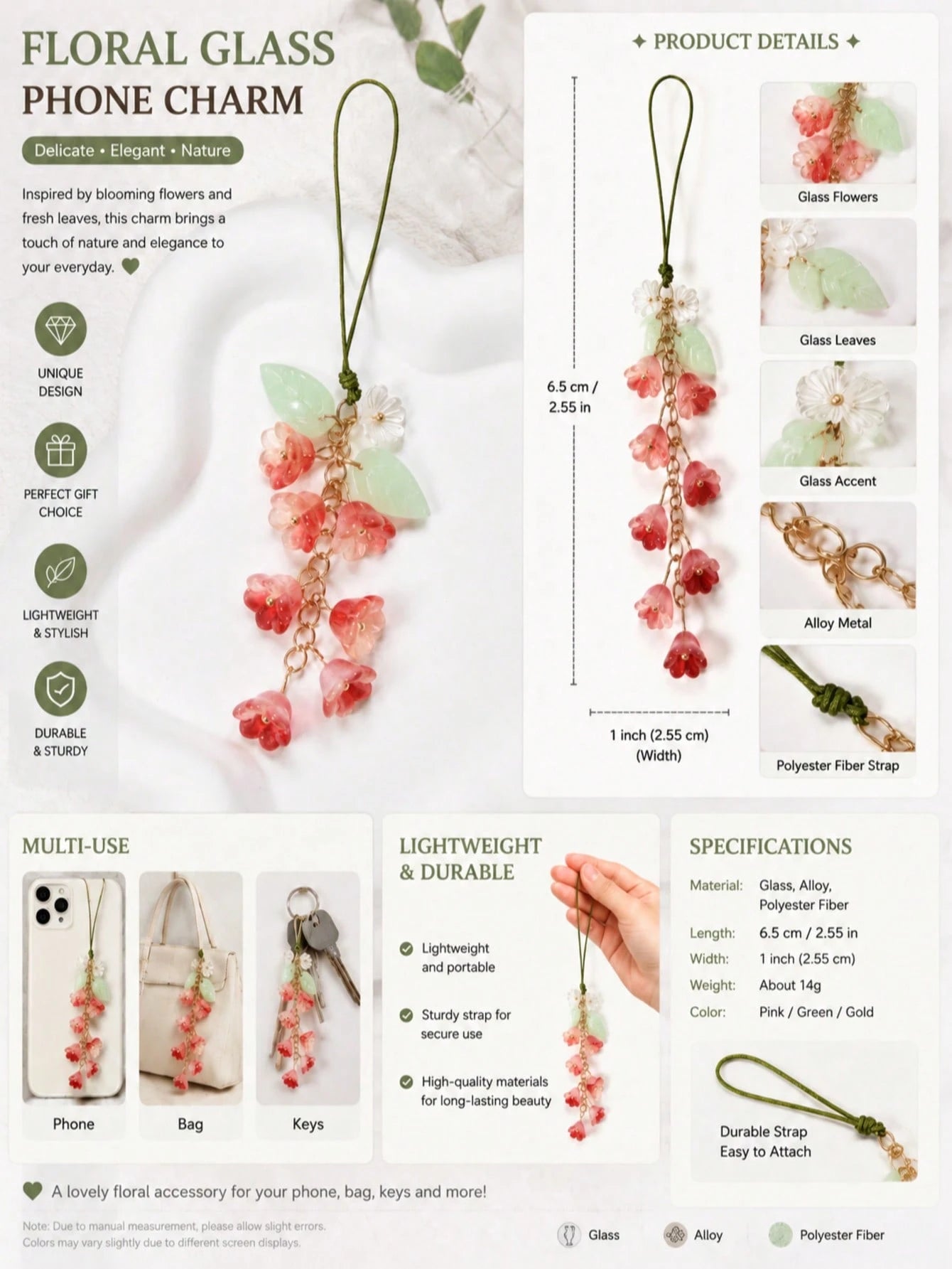 1pc 8-Color Fairy-Style Glass Lily Flower Phone Case Chain, Creative Phone/Camera Lanyard, Phone Accessories, Smartphone Wrist Strap, Smartphone Crossbody Bag (Actual Size May Slightly Differ From Pho